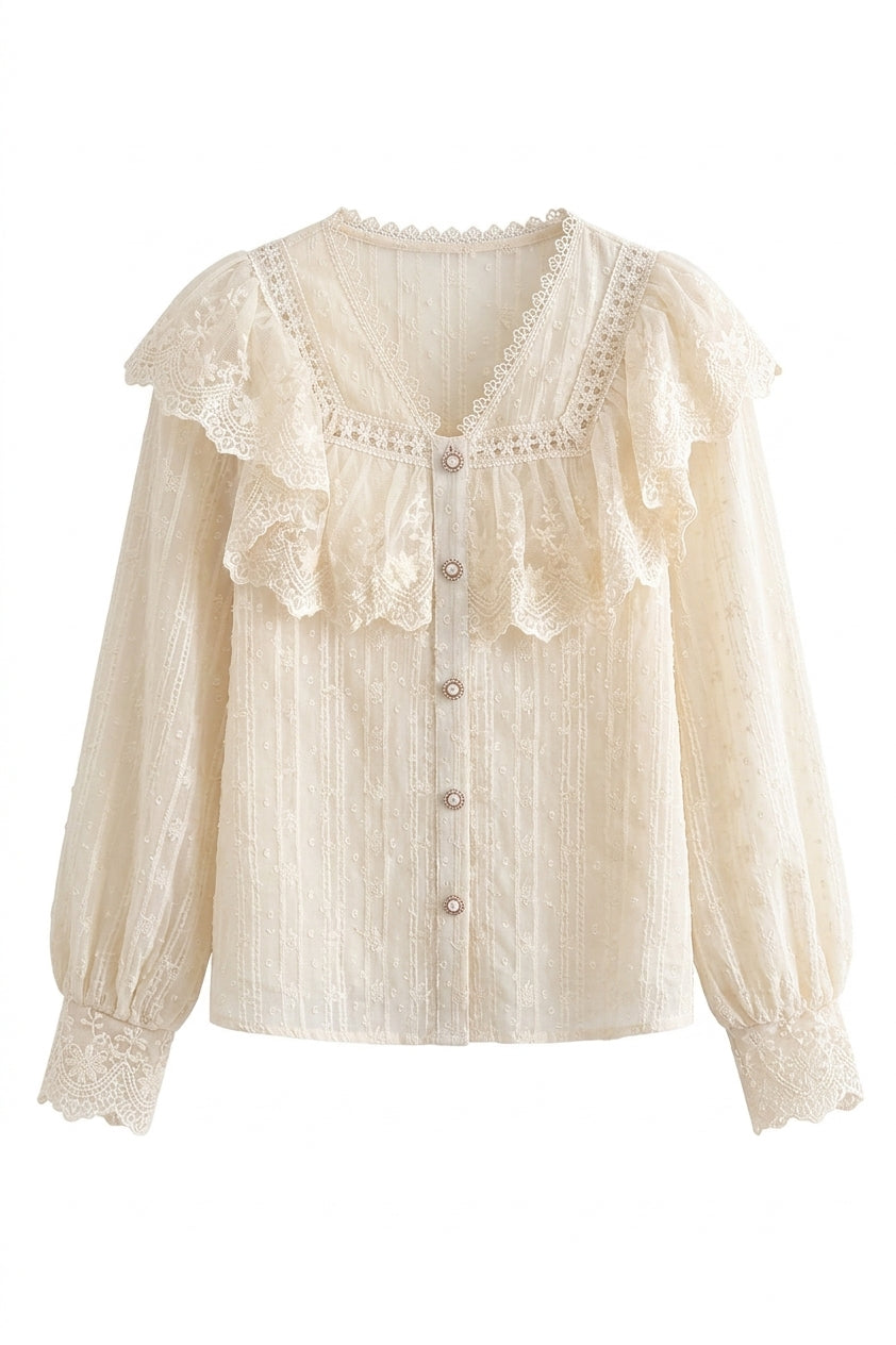 Vintage Aesthetic Antique Lace Panel Puff Sleeve Blouse