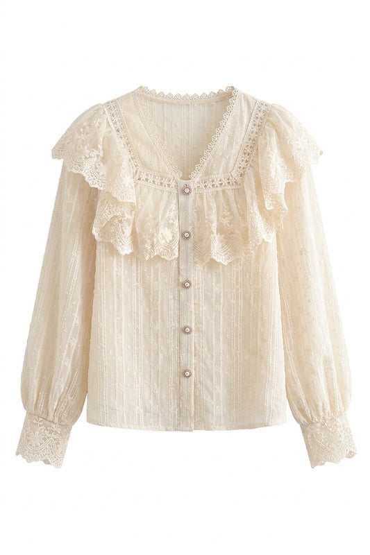Vintage Aesthetic Antique Lace Panel Puff Sleeve Blouse
