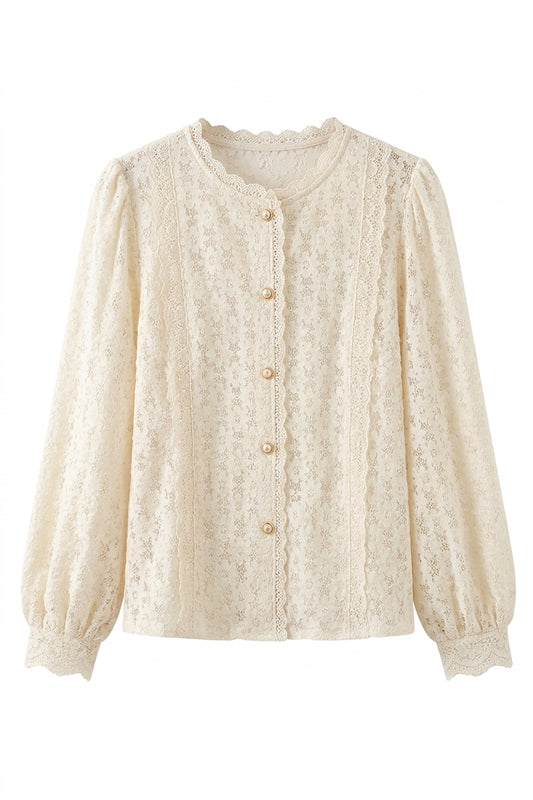 Vintage Aesthetic Scalloped Lace Pearl Button Blouse