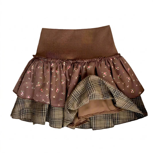 Dark Cottagecore & Plaid Tiered Mini Skirt