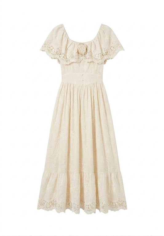 Cottagecore Rosette Lace Cape Midi Dress