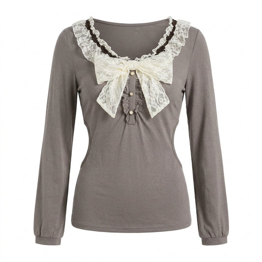 Cottagecore Rose Lace Bow Henley T-Shirt