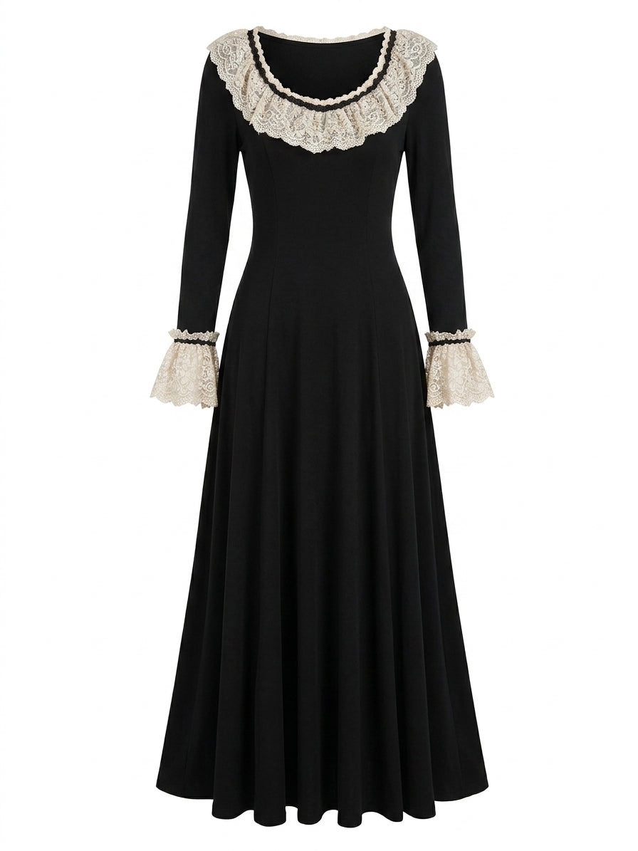 Dark Cottagecore Lace Collar Flare Sleeve Dress
