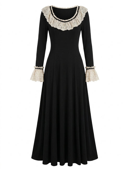 Dark Cottagecore Lace Collar Flare Sleeve Dress