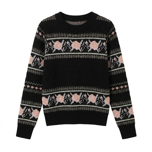 Retro Aesthetic Folk Rose Jacquard Knit Pullover
