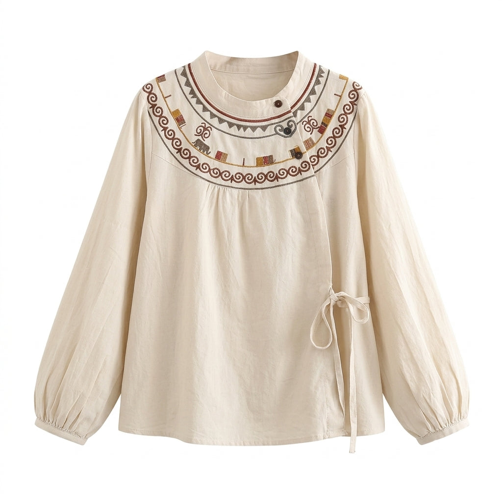 Mori Girl Folk Embroidered Tie Blouse