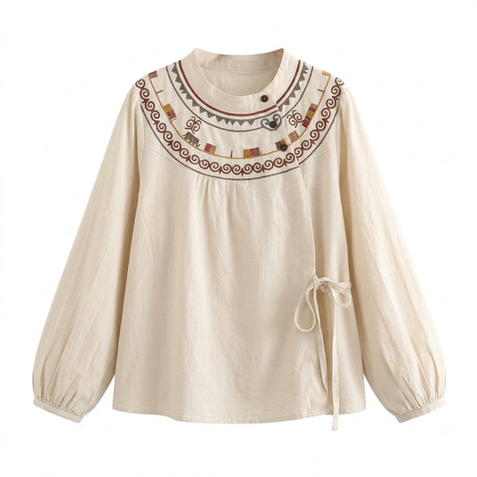 Mori Girl Folk Embroidered Tie Blouse