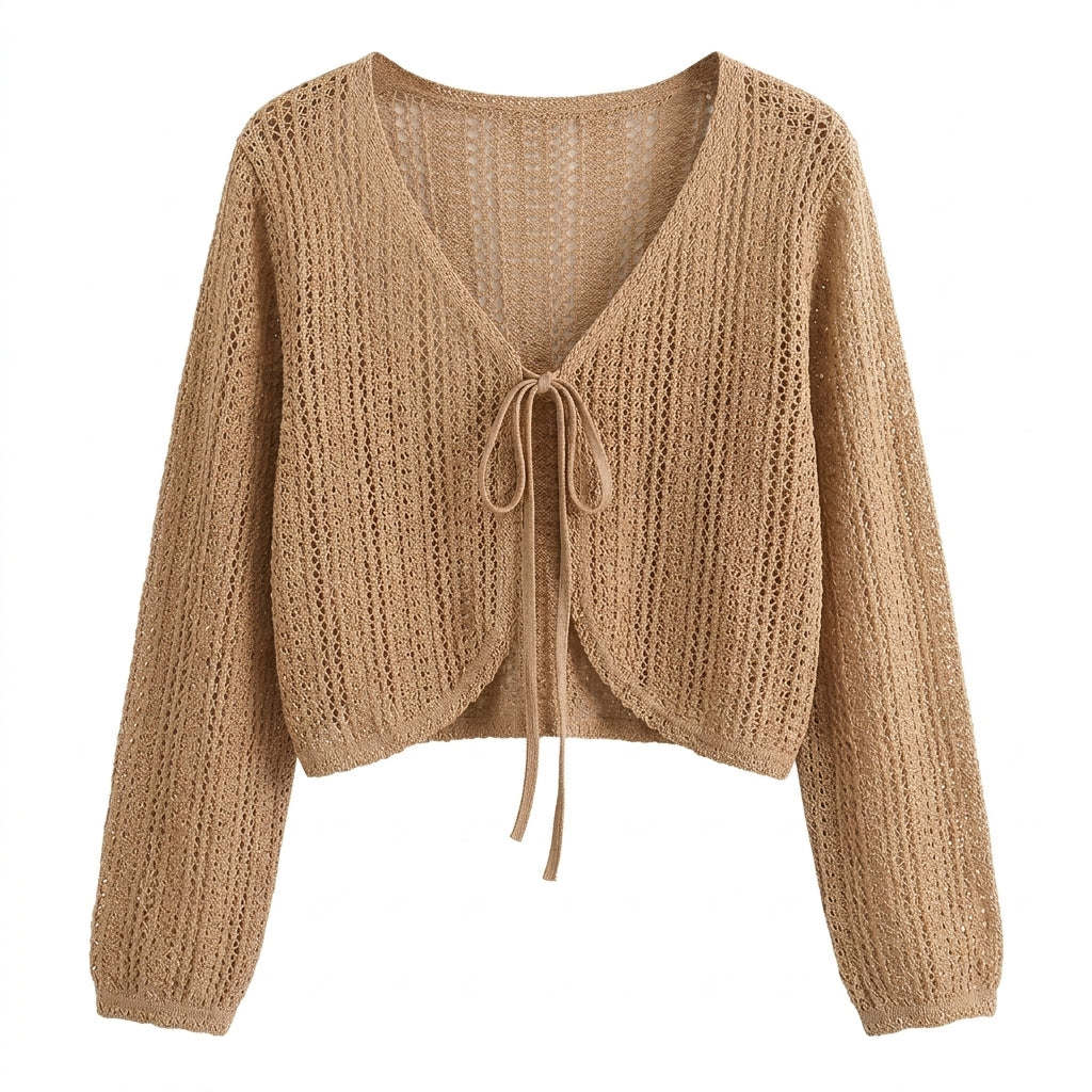 Mori Girl Hollow-Knit Tie-Front Crop Cardigan