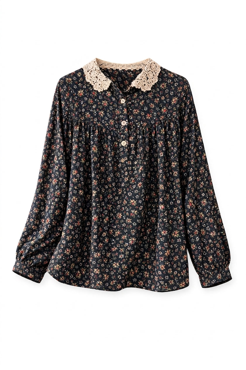 Dark Cottagecore Ditsy Floral Lace Collar Blouse