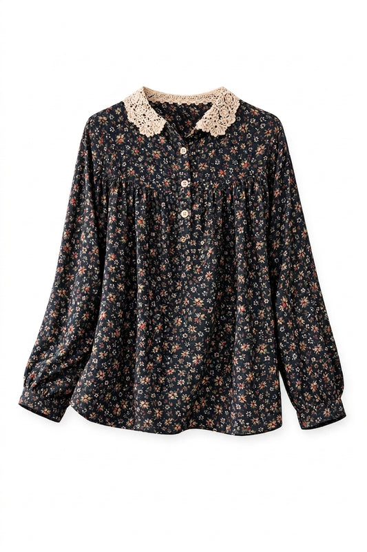 Dark Cottagecore Ditsy Floral Lace Collar Blouse