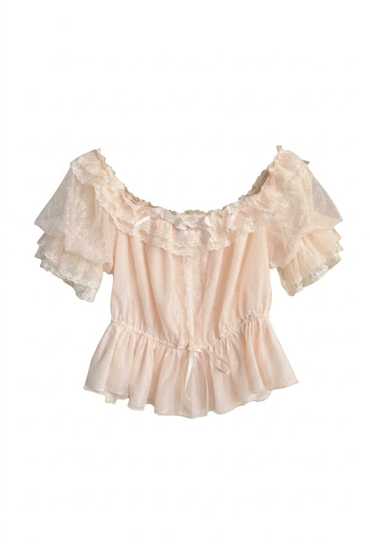Fairycore Cream Lace Ruffle Off-Shoulder Blouse