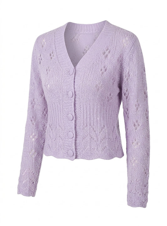 Retro Aesthetic Lilac Pointelle Mohair Cardigan