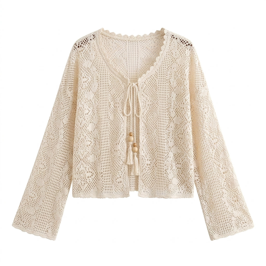 Mori Girl Hollow Crochet Tie-Front Cardigan