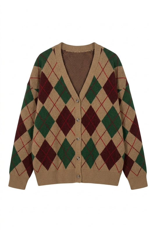 Retro Aesthetic Argyle Library Cardigan