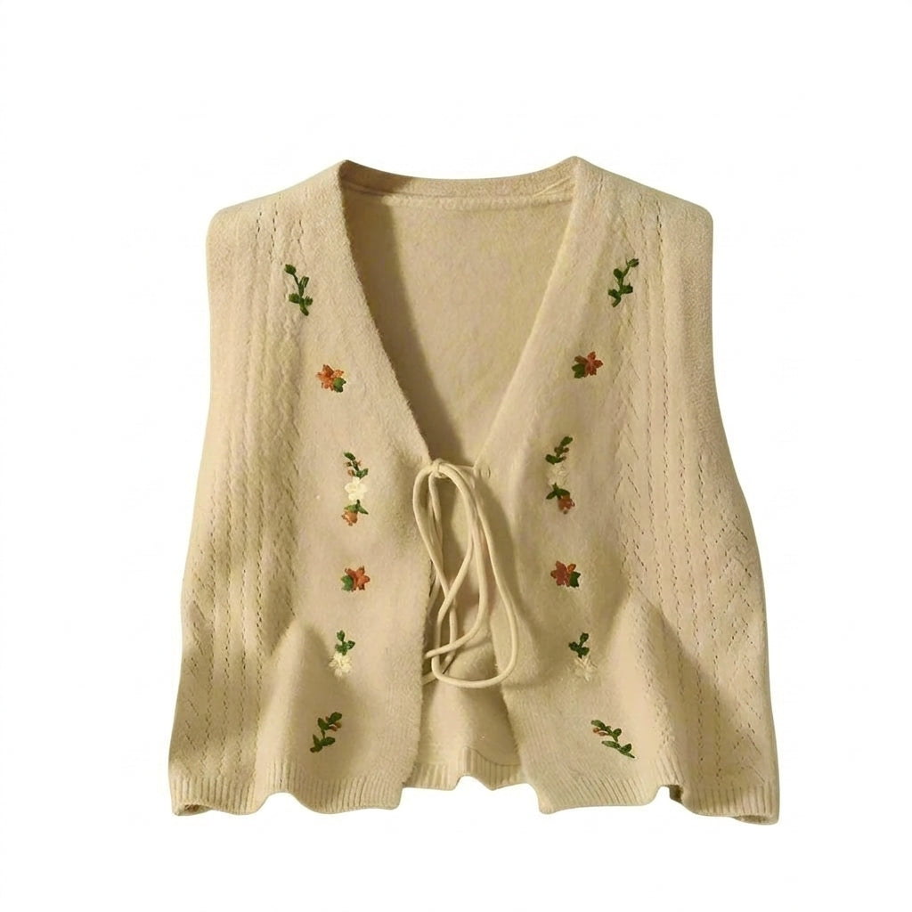 Cottagecore Floral-Sprig Tie-Front Knit Vest