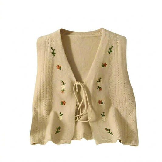 Cottagecore Floral-Sprig Tie-Front Knit Vest