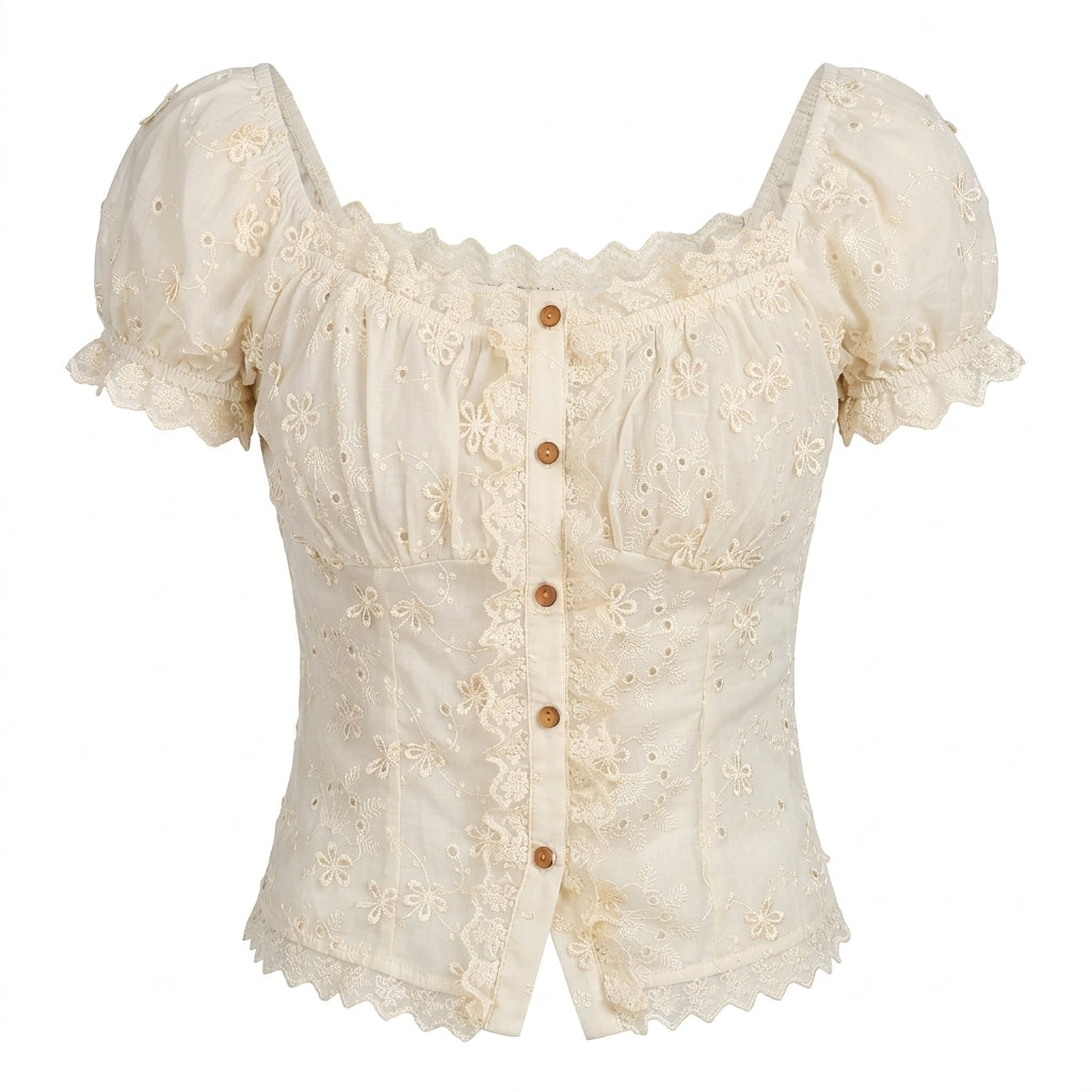 Cottagecore Eyelet Lace Puff Sleeve Blouse