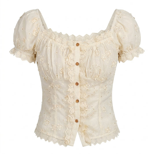 Cottagecore Eyelet Lace Puff Sleeve Blouse