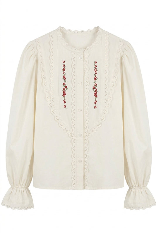 Cottagecore Red Floral Embroidered Lace Blouse