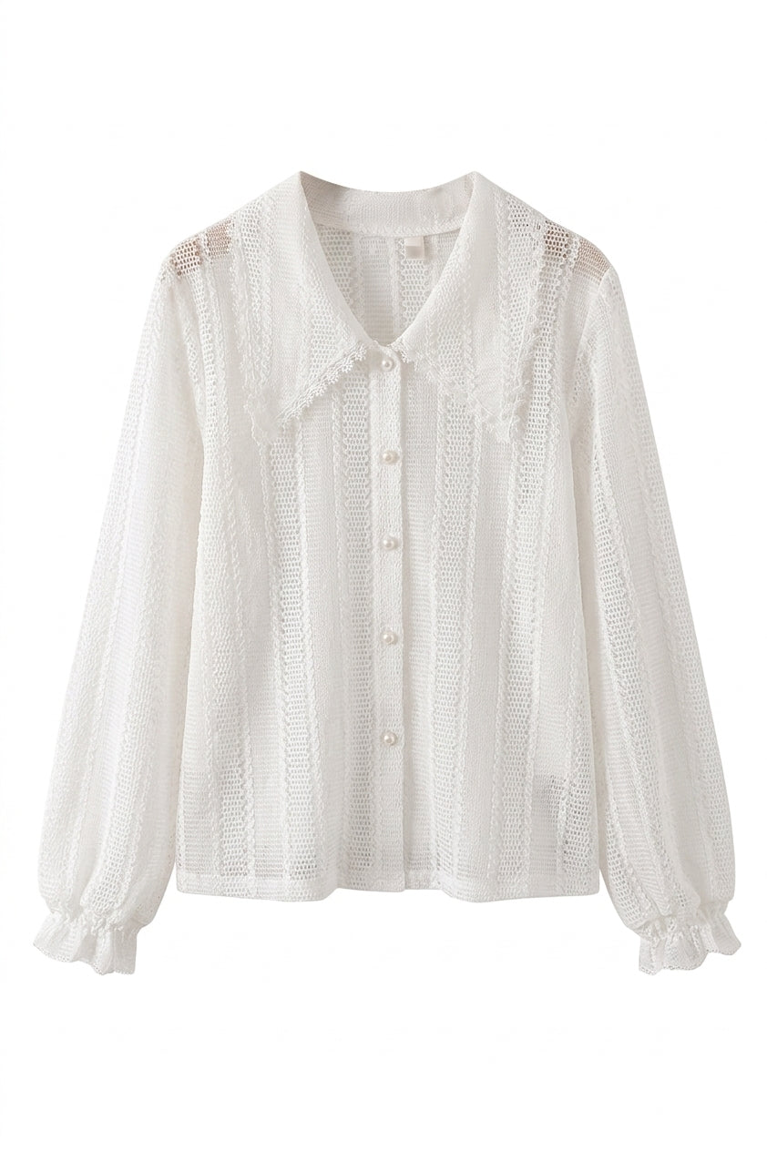 Ethereal Hollow Crochet Pearl Button Shirt