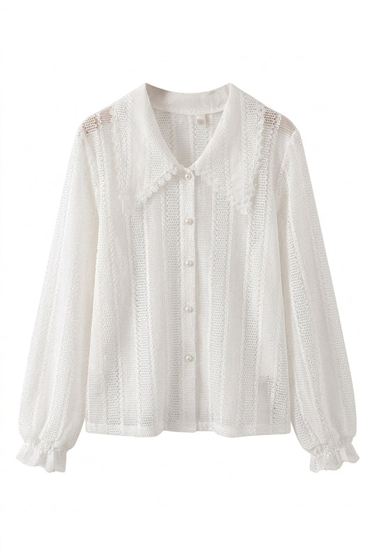 Ethereal Hollow Crochet Pearl Button Shirt