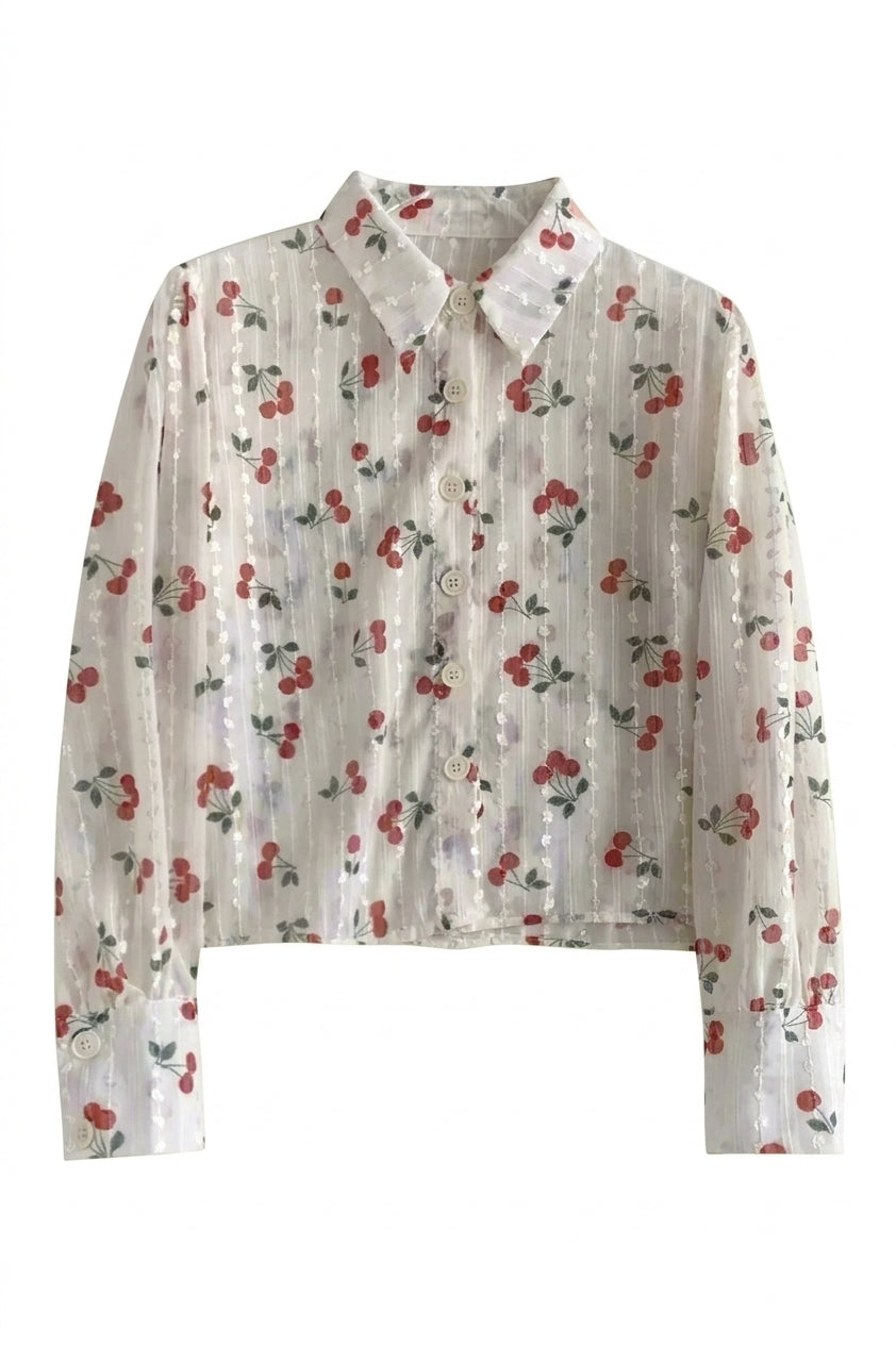 Cottagecore Cherry Woven Stripe Blouse
