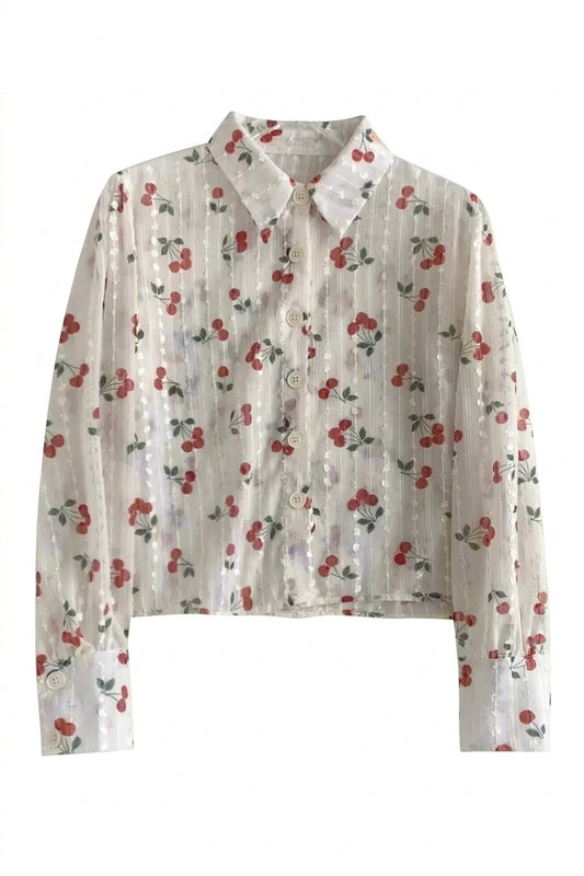 Cottagecore Cherry Woven Stripe Blouse