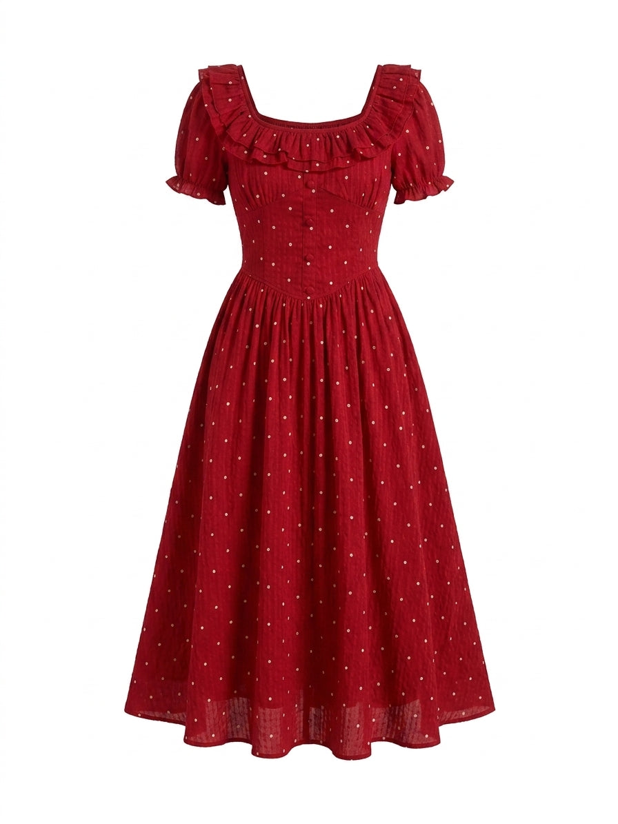 Cottagecore Dotted Ruffle Midi Dress