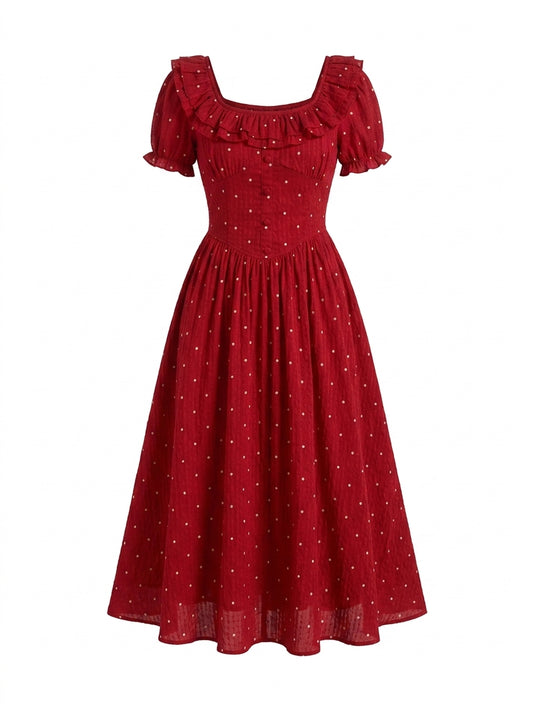 Cottagecore Dotted Ruffle Midi Dress