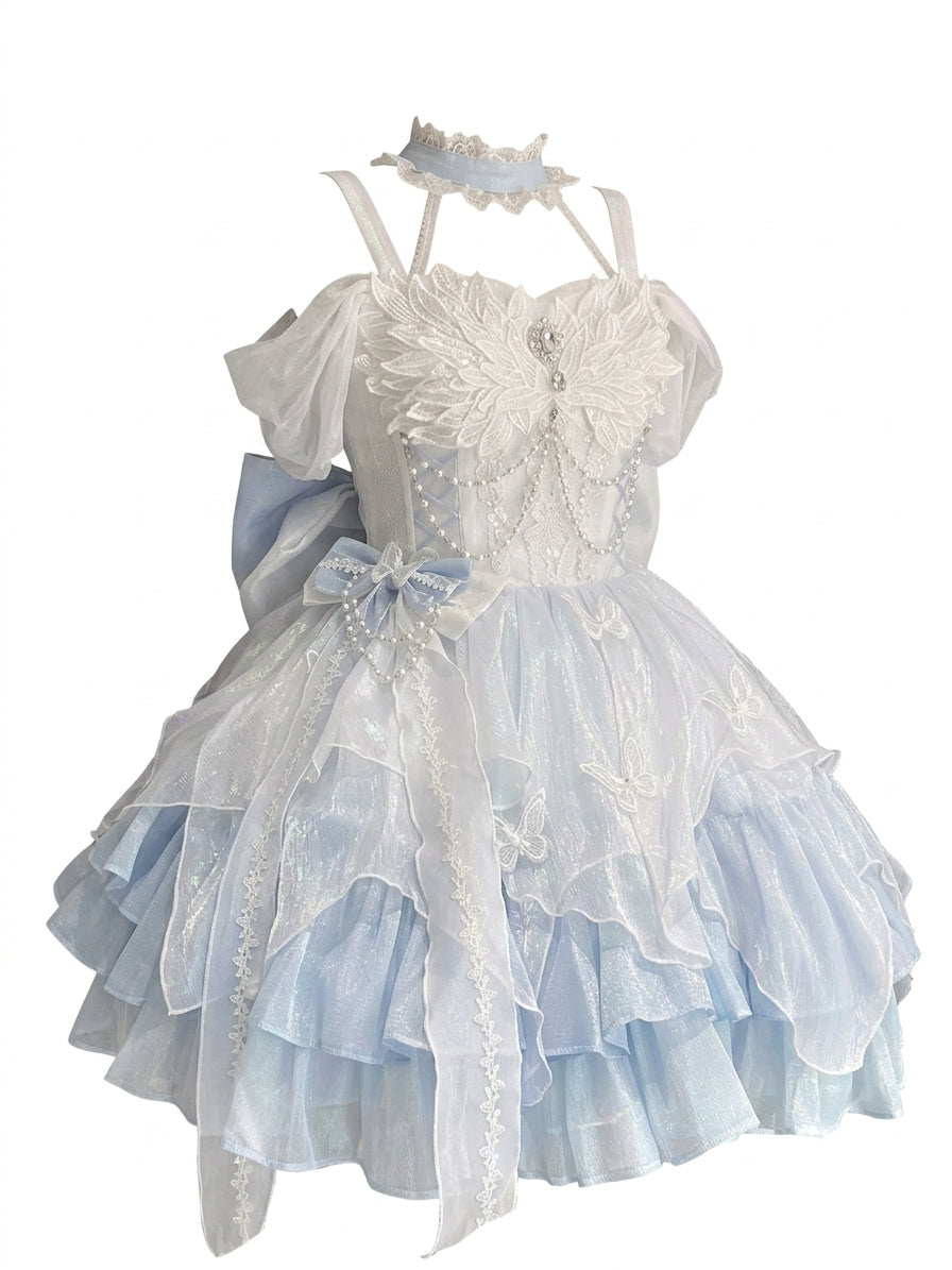 Fairycore Butterfly Court Mini Dress in Ice Blue