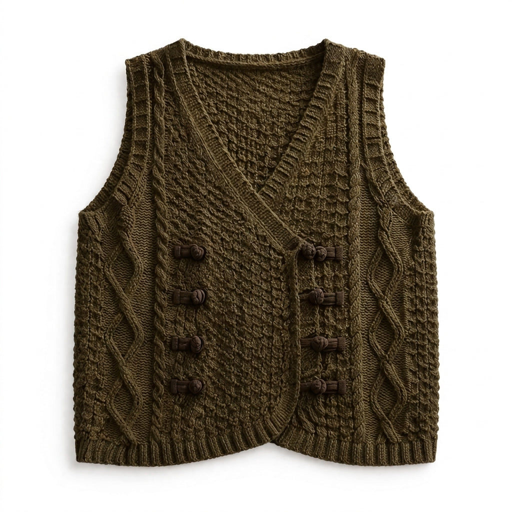 Goblincore Moss Cable Knit Double-Breasted Sweater Vest
