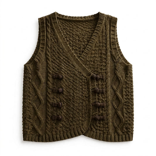 Goblincore Moss Cable Knit Double-Breasted Sweater Vest