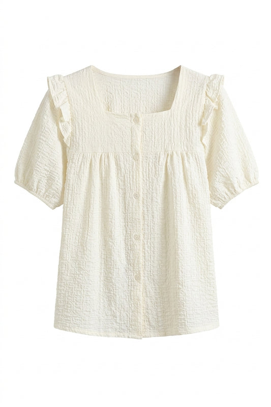 Cottagecore Cream Ruffle-Shoulder Blouse