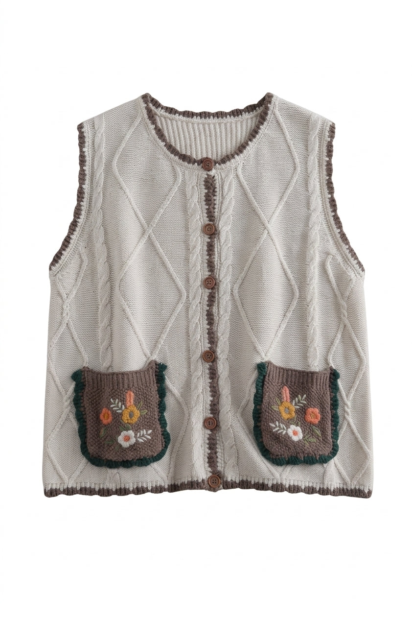 Mori Girl Wildflower Patch Cable Knit Sweater Vest