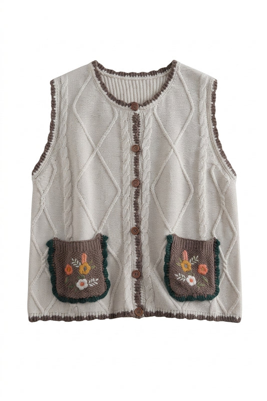Mori Girl Wildflower Patch Cable Knit Sweater Vest