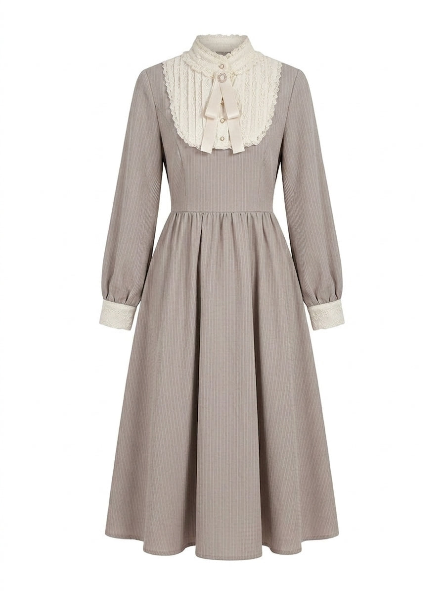 Vintage Aesthetic Lace Collar Pinstripe Midi Dress
