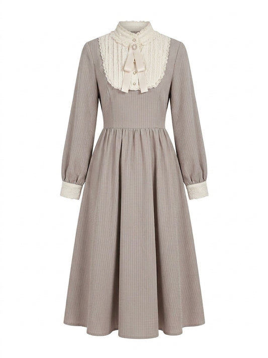 Vintage Aesthetic Lace Collar Pinstripe Midi Dress