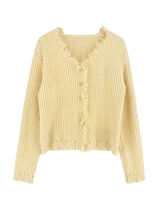 Cottagecore Frayed Ruffle Ribbed Cardigan