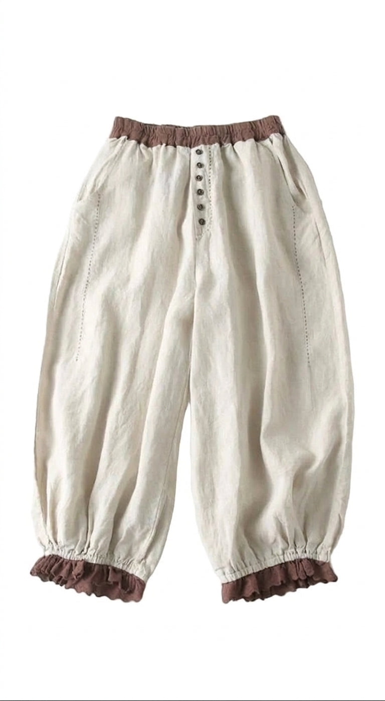 Mori Girl — Cream Linen Ruffle-Hem Pants