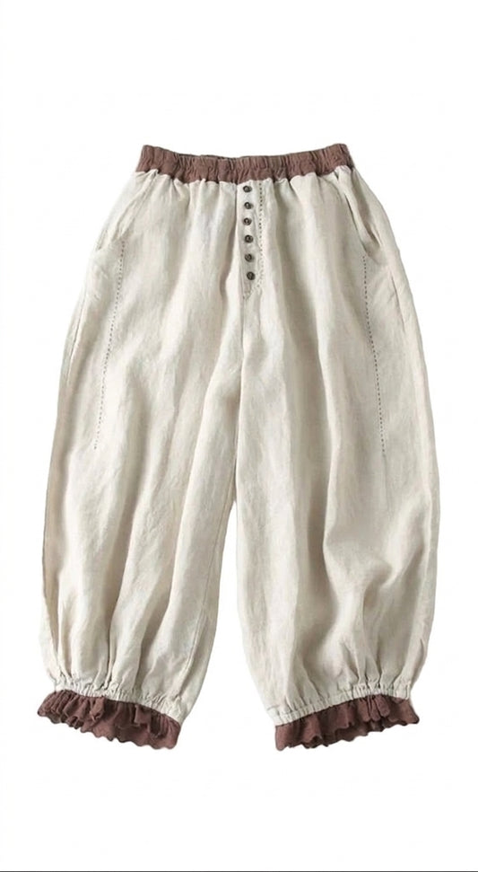 Mori Girl — Cream Linen Ruffle-Hem Pants