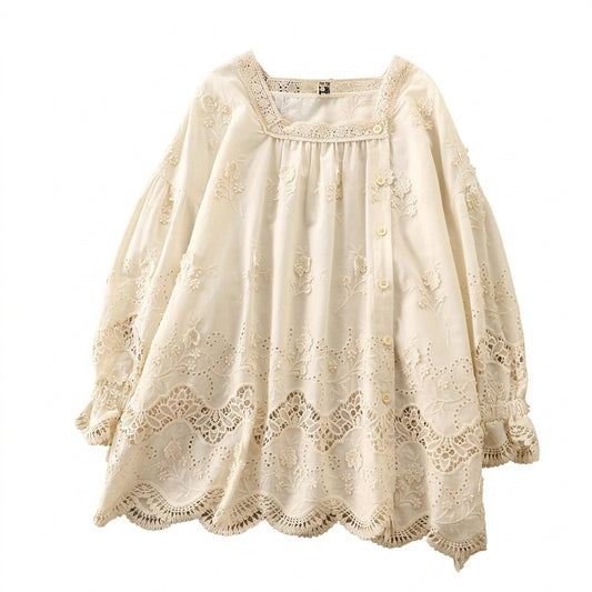 Mori Girl Lace Eyelet Embroidered Blouse