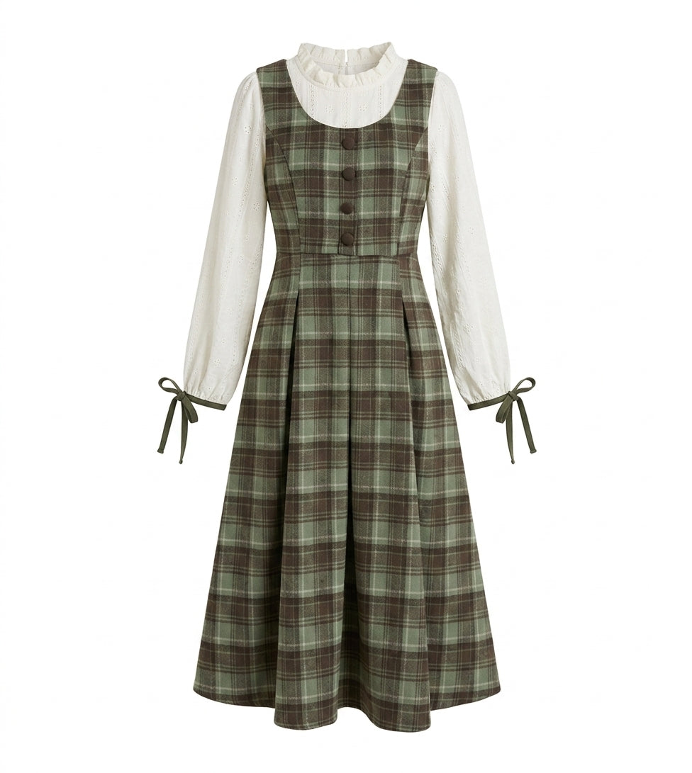 Mori Girl Sage Plaid Midi Dress Set