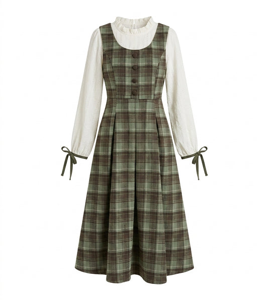Mori Girl Sage Plaid Midi Dress Set