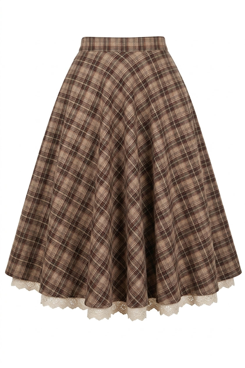 Mori Girl Plaid Circle Skirt with Lace Hem