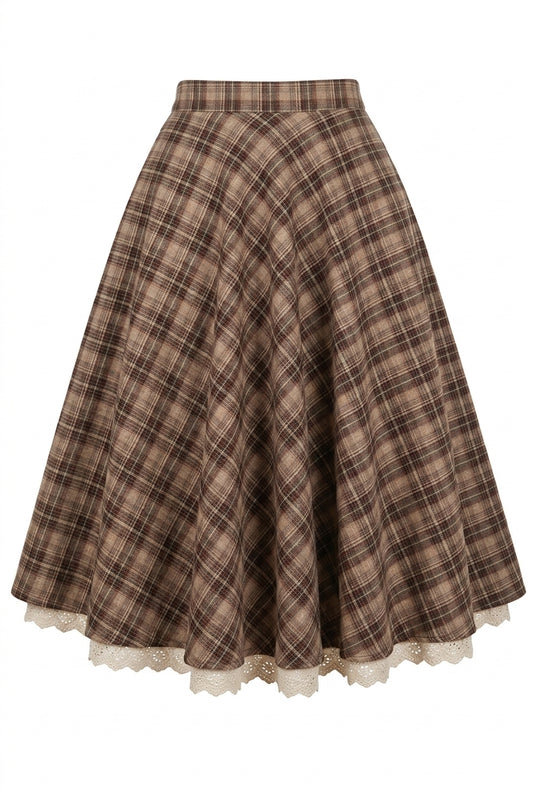 Mori Girl Plaid Circle Skirt with Lace Hem