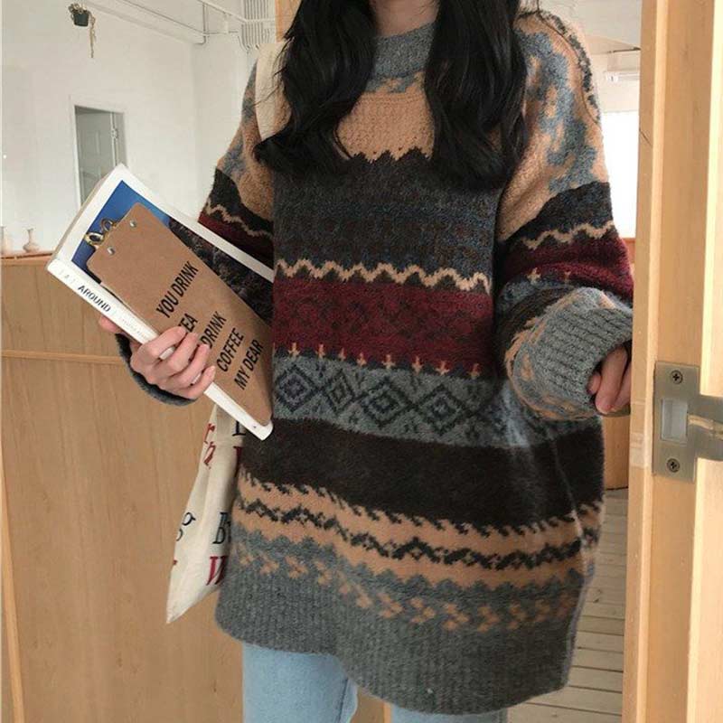 Vintage Style Striped Loose Sweater - 0 - Сottagecore clothes