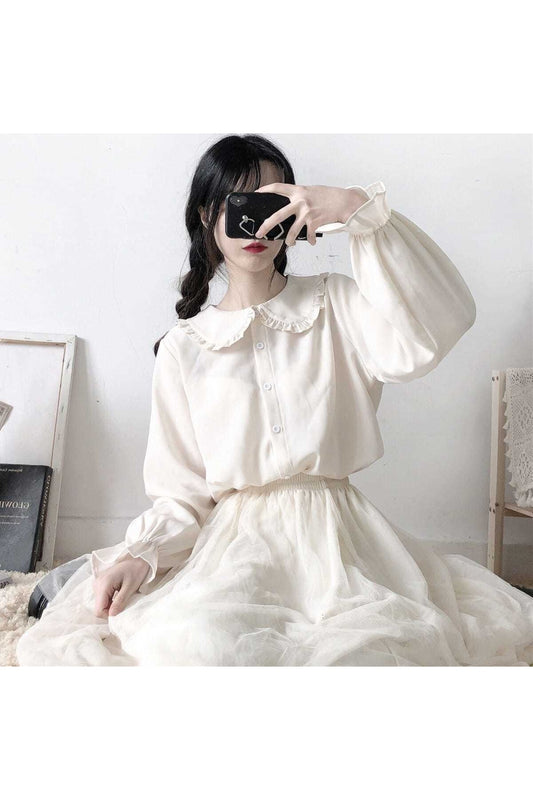 White Vintage Long Sleeve Blouse cottagecoreclothes