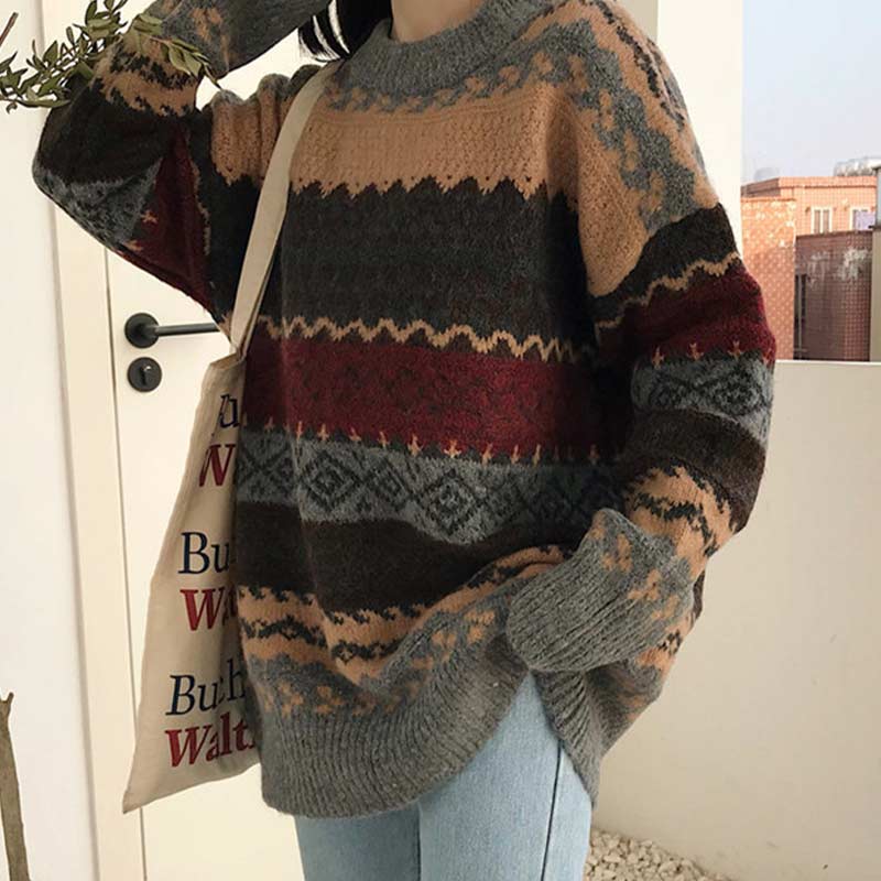 Vintage Style Striped Loose Sweater - 0 - Сottagecore clothes