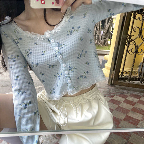 Lace Floral Long Sleeve Crop Top - Shirts & Tops - Сottagecore clothes