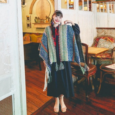 Floral Knitted Vintage Poncho -  - Сottagecore clothes